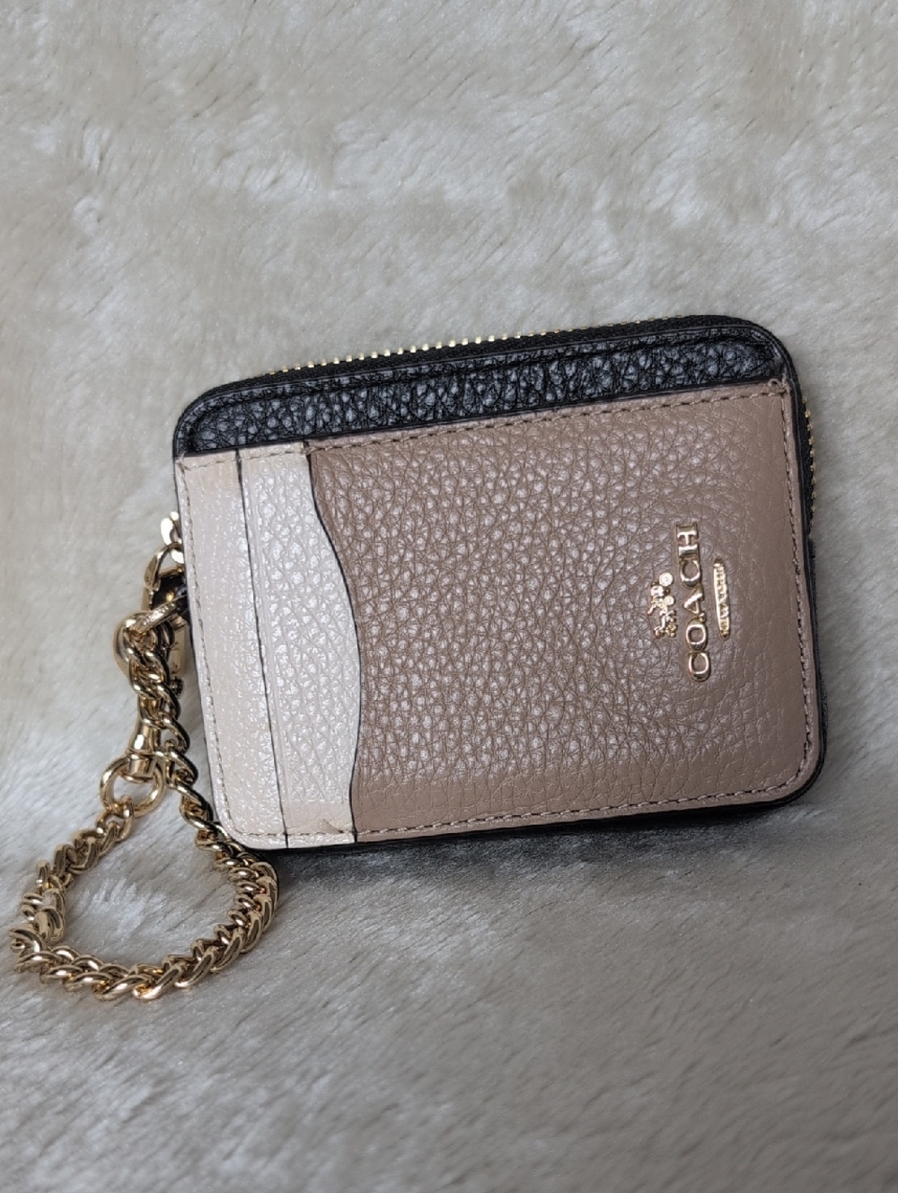 Coach Taupe and Black Pebbled Leather Zip Card Wallet with Gold Chain
